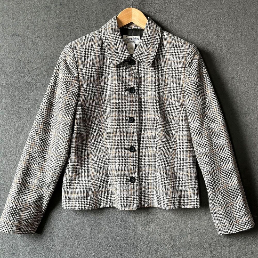 Pendleton Wool Blazer Women's Size 8 Herringbone Plaid Black/White/Tan